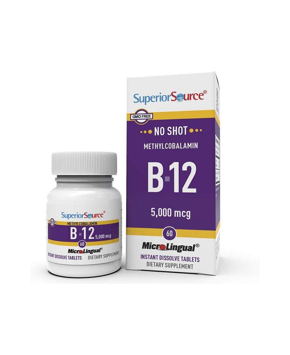 Superior Source No Shot Vitamin B12 Methylcobalamin 5,000 mcg, Quick Dissolve MicroLingual Tablets, 60 Count, Active Form of B12, Supports Energy
