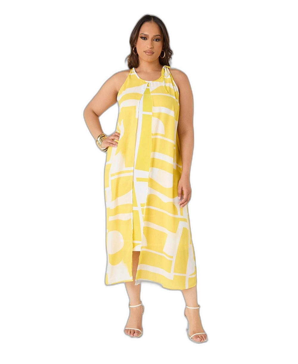 Ashley Stewart Plus Size Abstract Print Cape Effect Halter Neckline Midi Dress