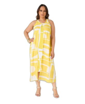 Ashley Stewart Plus Size Abstract Print Cape Effect Halter Neckline Midi Dress
