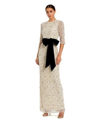 Mac Duggal Women's Embellished Mesh Column Gown with Velvet Bow