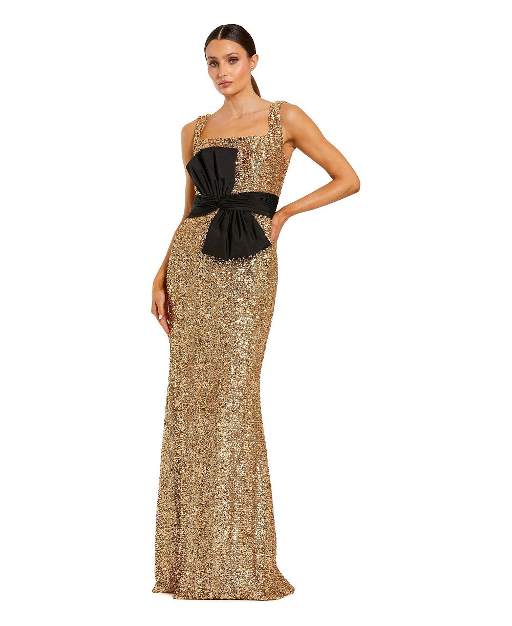 Mac Duggal Women's Sequin Column Gown with Square Neck and Faille Bow