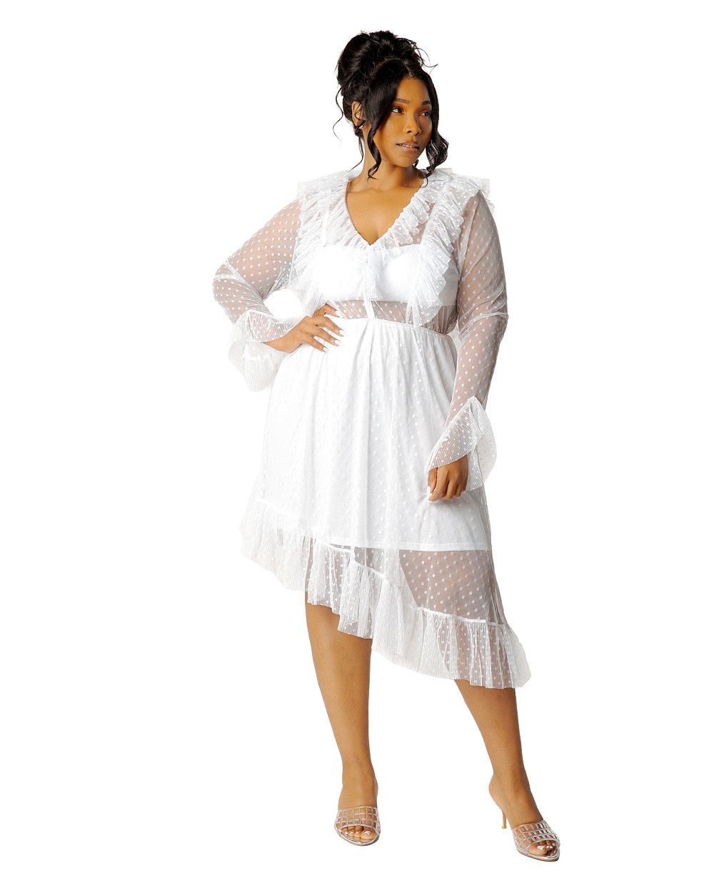 Buxom Couture Plus Size платье Asymmetrical Polka Dot Mesh Ruffle