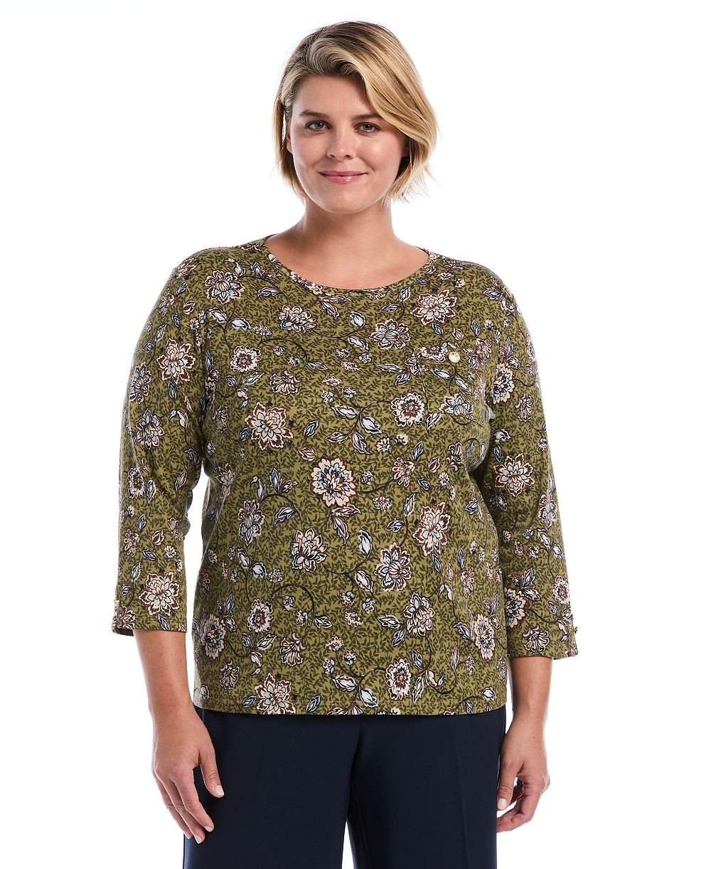 Rafaella Plus Size Floral-Print 3/4-Sleeve Cotton Blouse