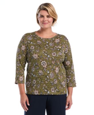 Rafaella Plus Size Floral-Print 3/4-Sleeve Cotton Blouse