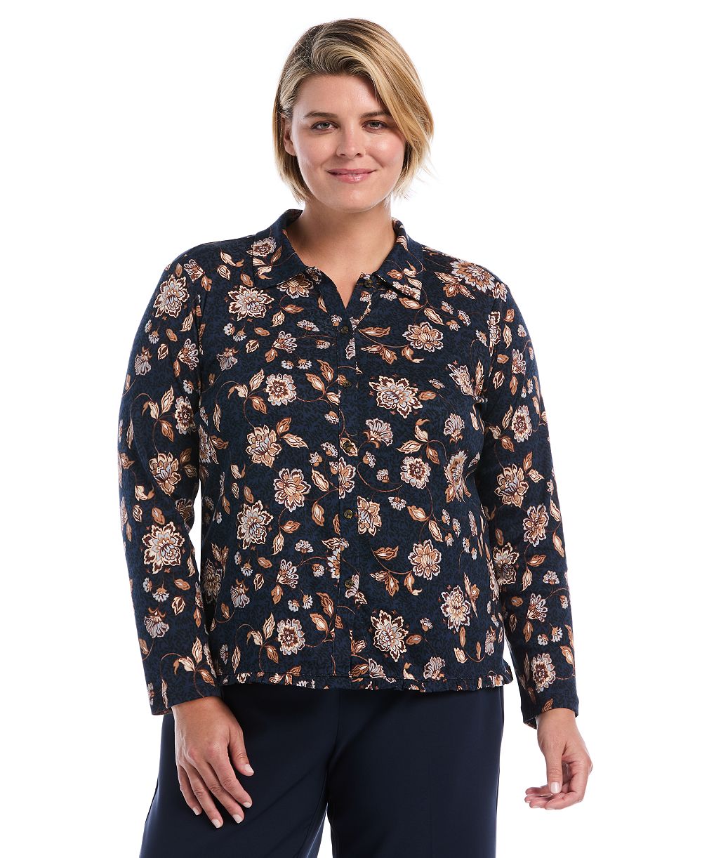 Rafaella Plus Size Floral Long-Sleeve Button-Up Blouse