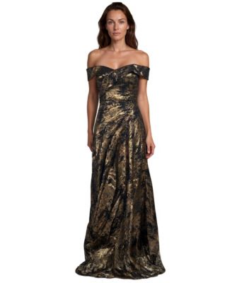 Rene Ruiz Occasion Women's Off-the-Shoulder Metallic Jacquard Draped Gown