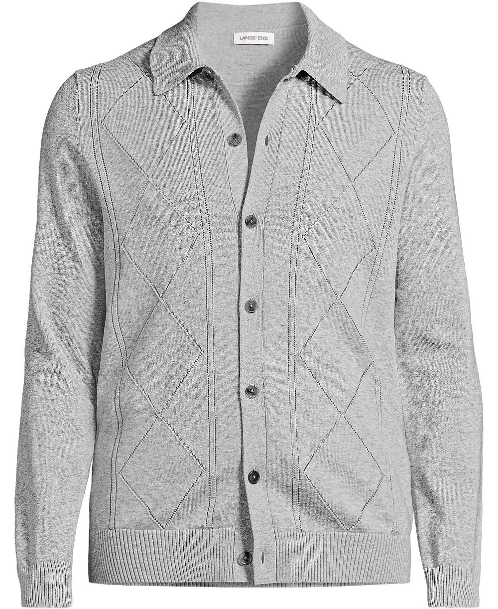 Lands' End Men's Long Sleeve Fine Gauge Cotton Pointelle Argyle Cardigan