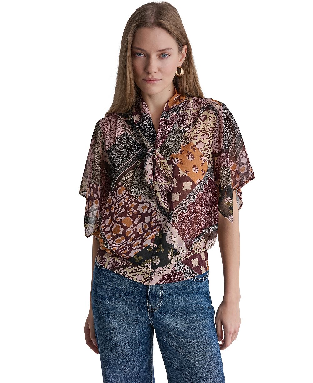 BCBG Women's Bow Neck Mixed Print Short-Sleeve Blouse