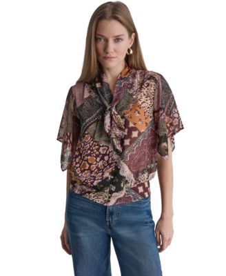 BCBG Women's Bow Neck Mixed Print Short-Sleeve Blouse