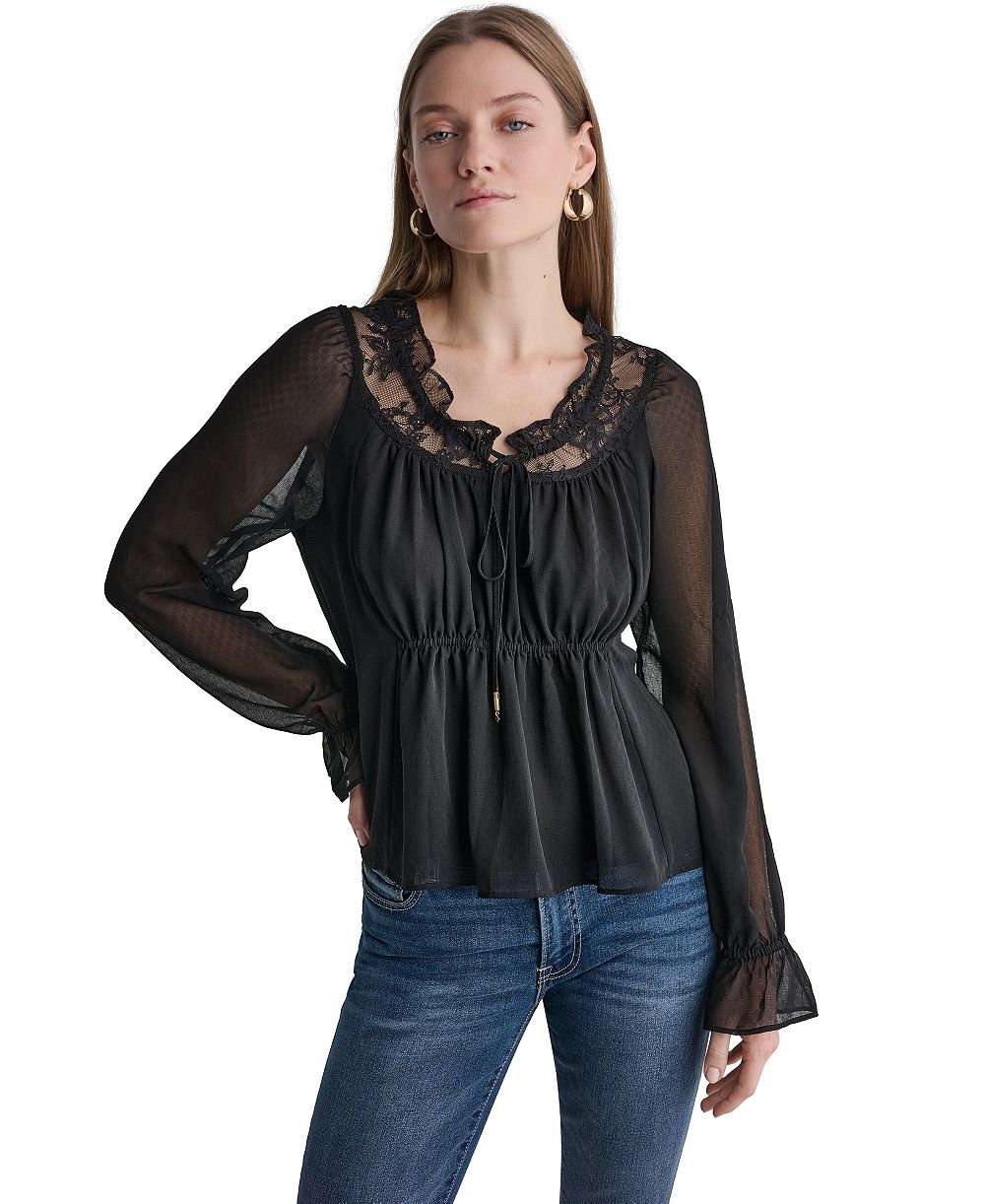 BCBG Women's Scoop Neckline Lace-Trim Long-Sleeve Blouse