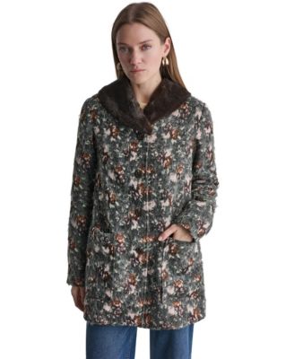BCBG Women's Long-Sleeve Floral Faux-Fur Coat