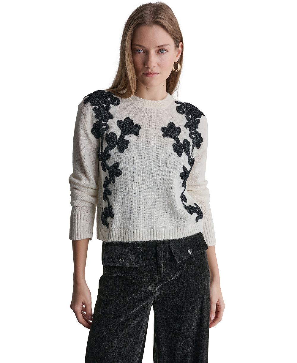 BCBG Women's Oversized Floral-Applique Crewneck Long-Sleeve Sweater