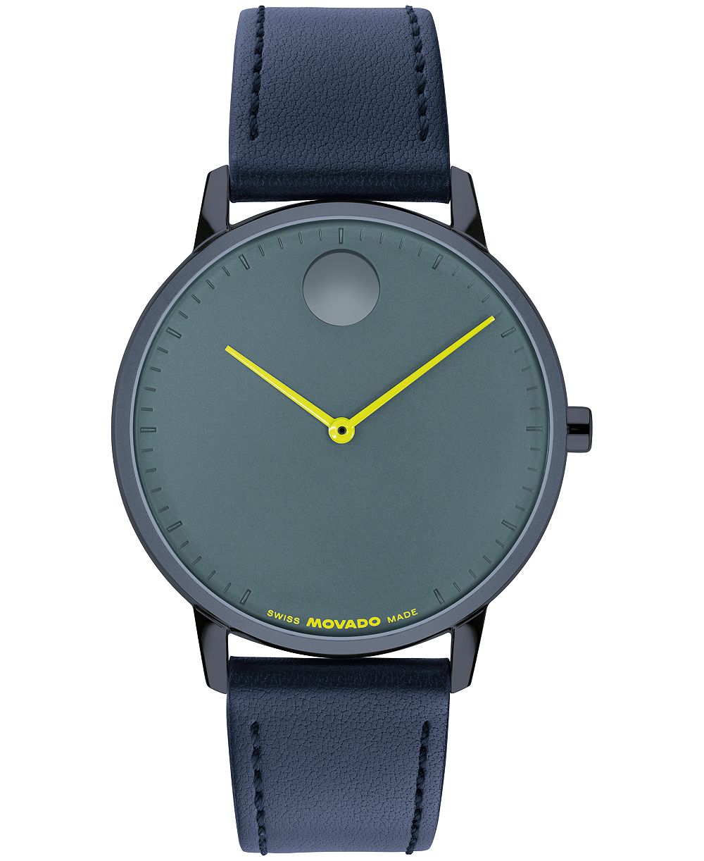Movado Men's Face Swiss Quartz Navy Blue Leather Watch 39mm