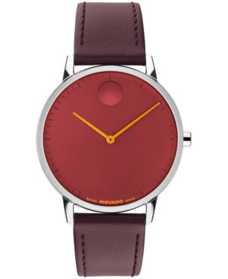 Мужские часы Movado с швейцарским кварцевым механизмом, кожаный ремешок цвета темной вишни, 39 мм