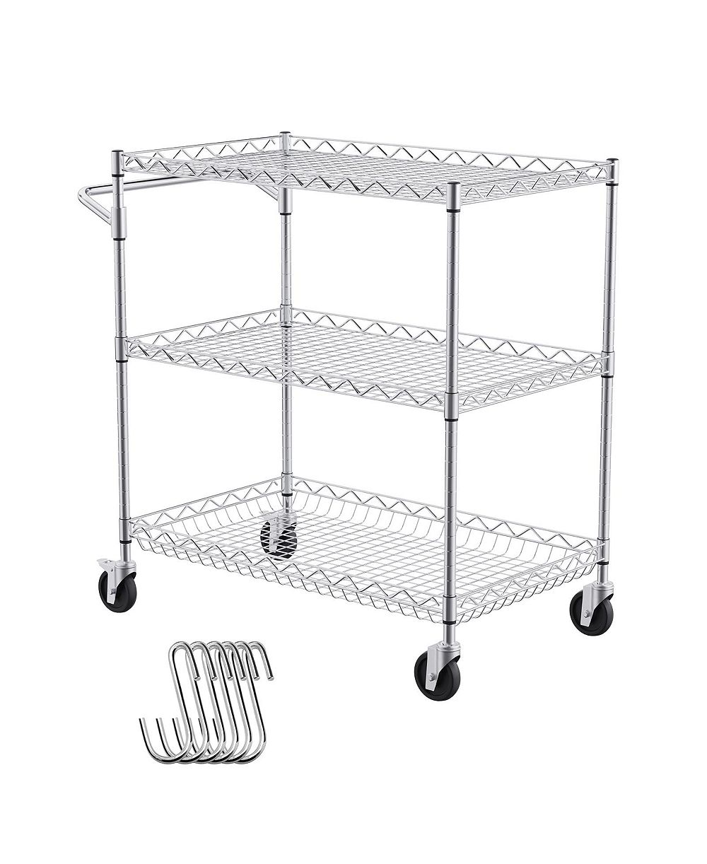SUGIFT 3-Tier Steel Utility Cart on Wheels with 661LBS Capacity 80mm Deep Basket Curved Handle 6 Hooks