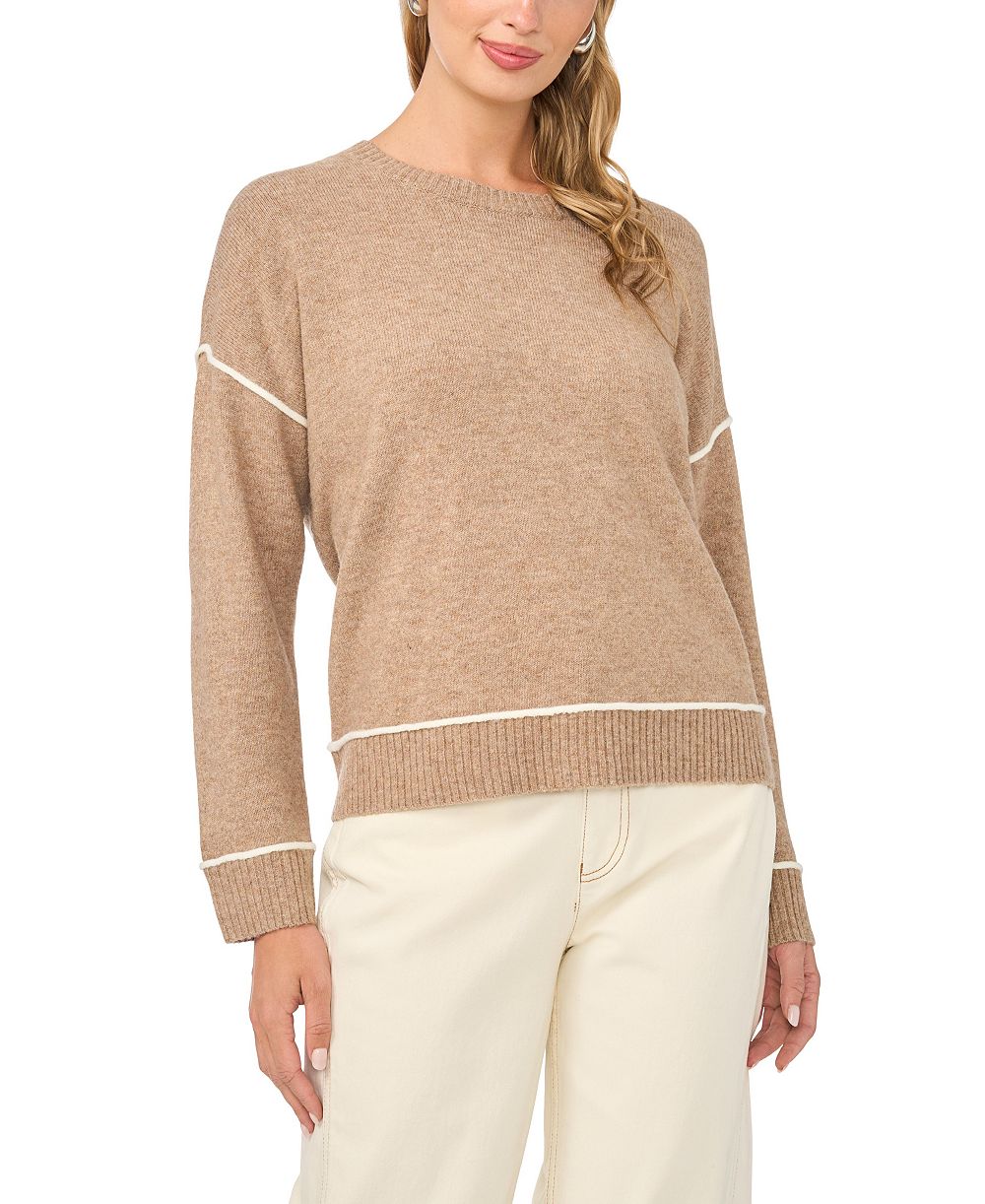 Vince Camuto Women's Long Sleeve Crewneck with Contrast Stitching Sweater