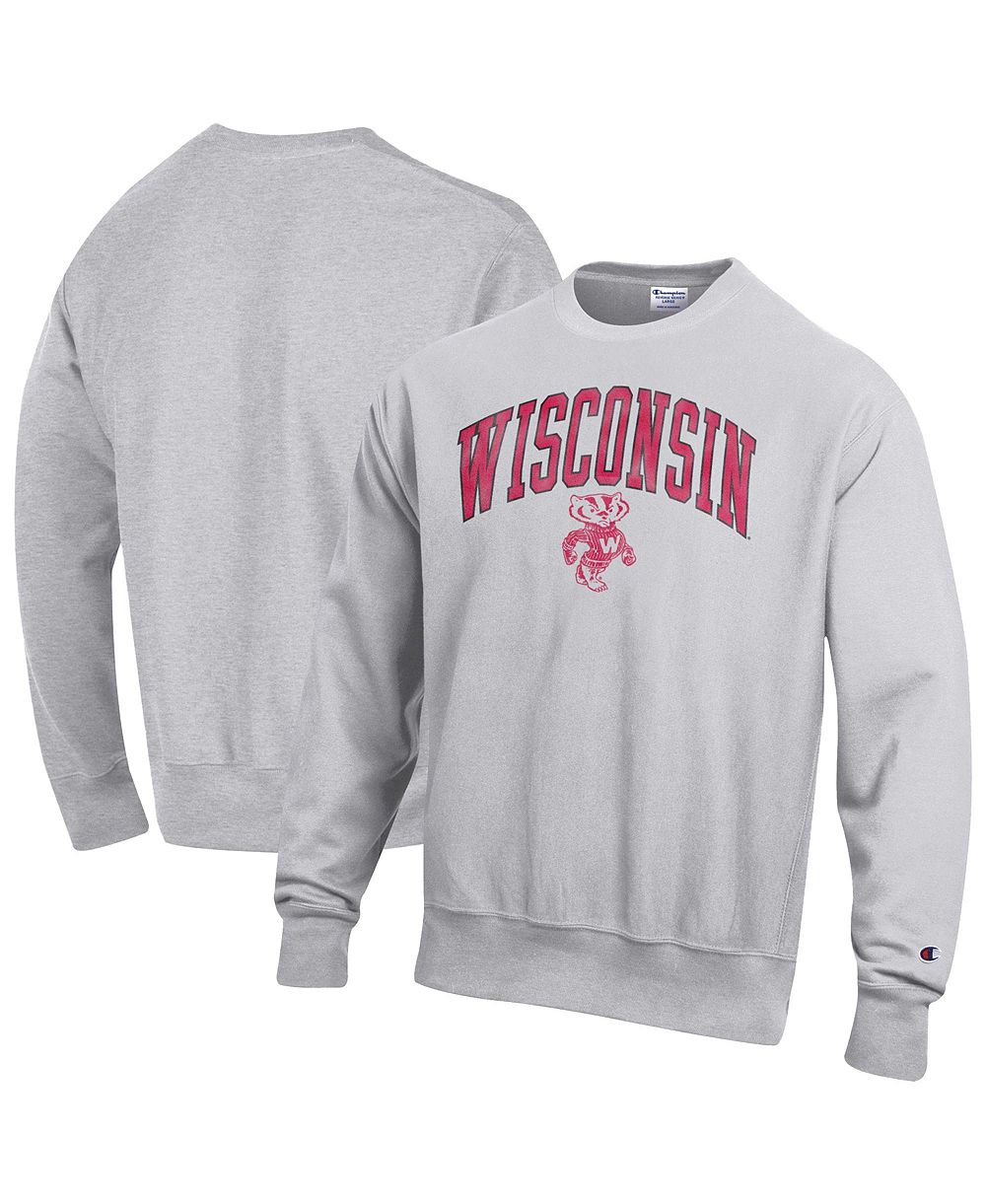 Мужской свитшот Champion Gray Wisconsin Badgers Distressed Arch Over Logo Reverse Weave Crew Neck