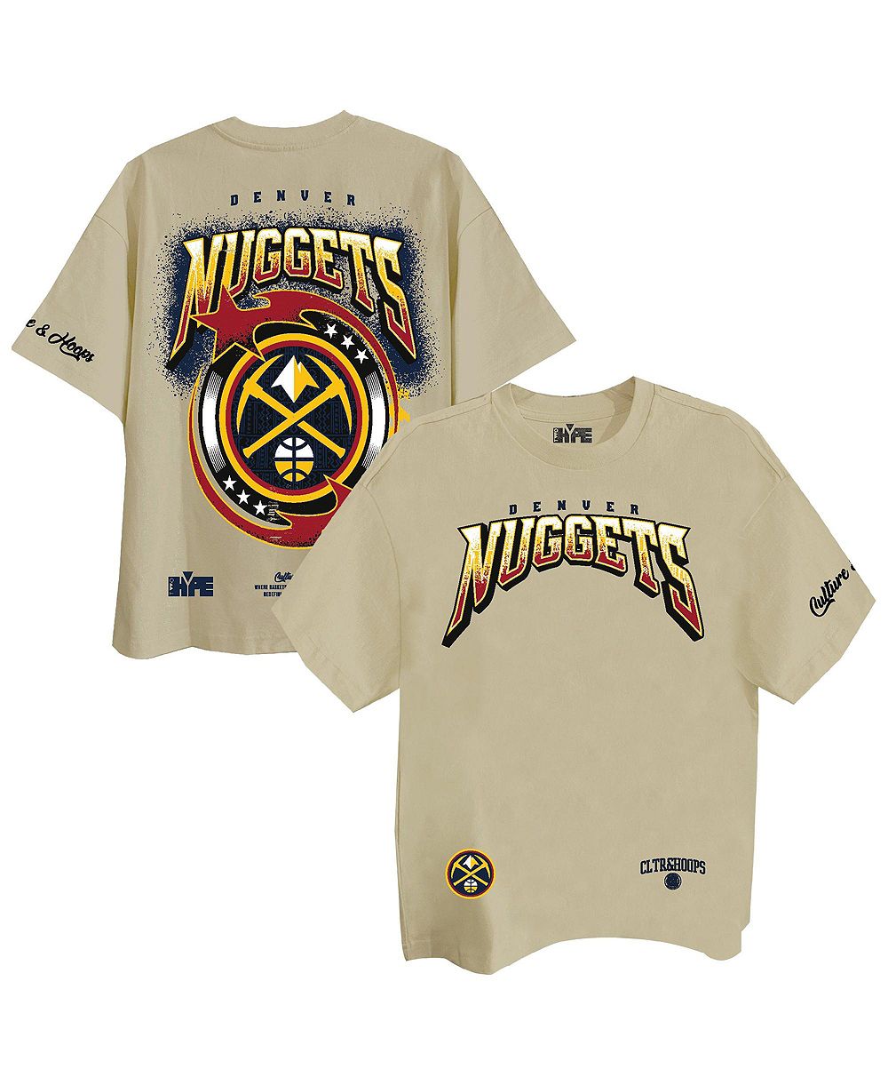 Мужская и женская футболка Two Hype Cream Denver Nuggets Drip Dime с заниженной линией плеча