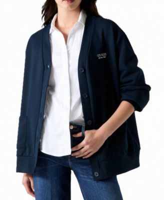 GUESS Women's Phoebe Oversized Embroidered Logo Cotton-Blend Cardigan Sweater