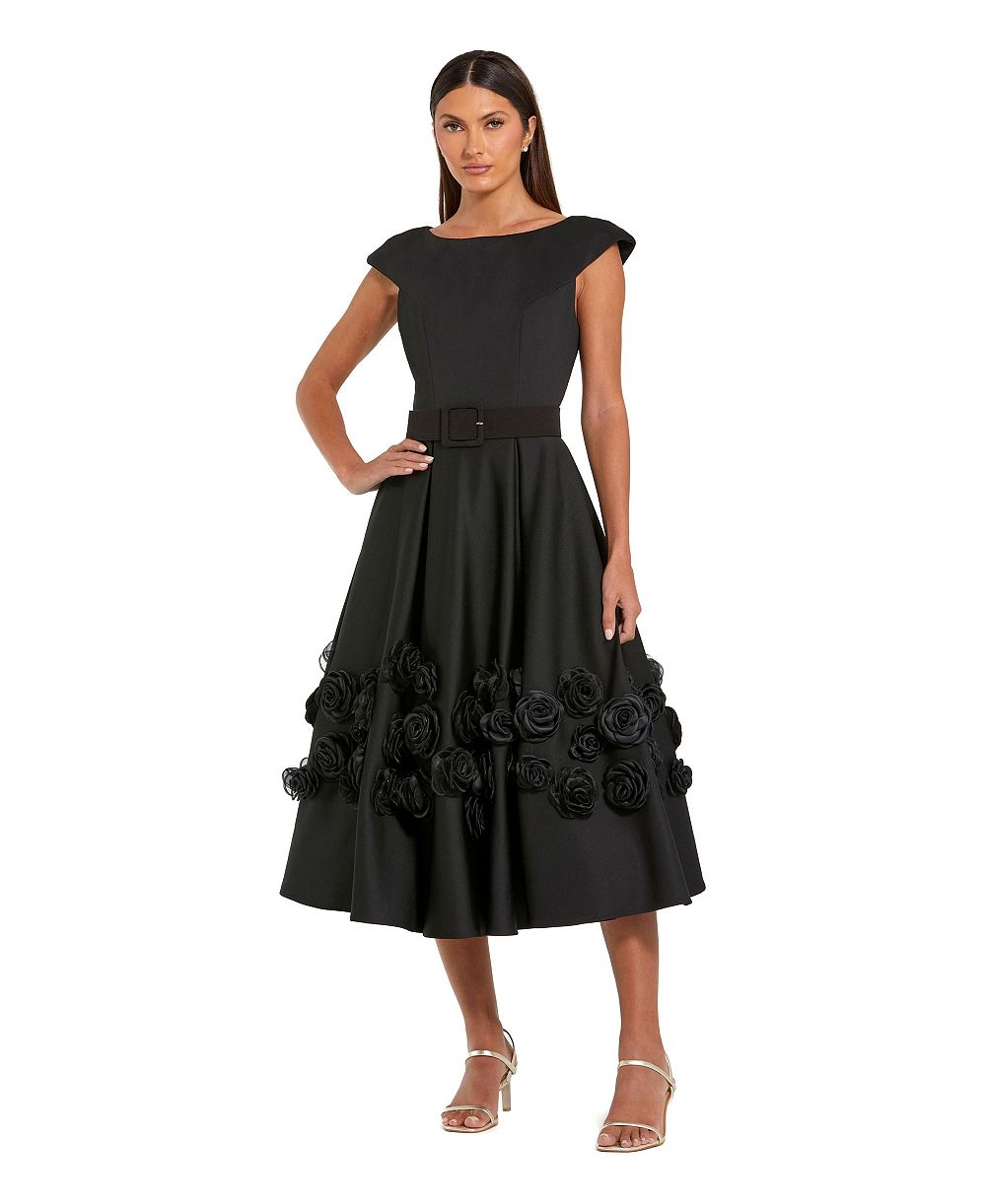 Mac Duggal женское миди-платье A-Line с поясом и цветочной розеткой