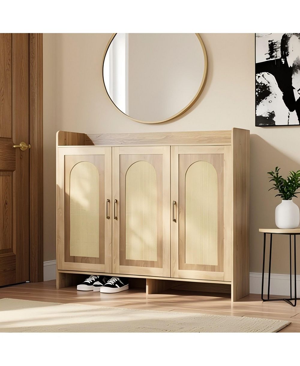 52.4x17.9x8.3in 3 Door Shoe Cabinet with Rattan Arch Doors, Engineered Wood Entryway Storage for Hallway Closet, Black/Brown