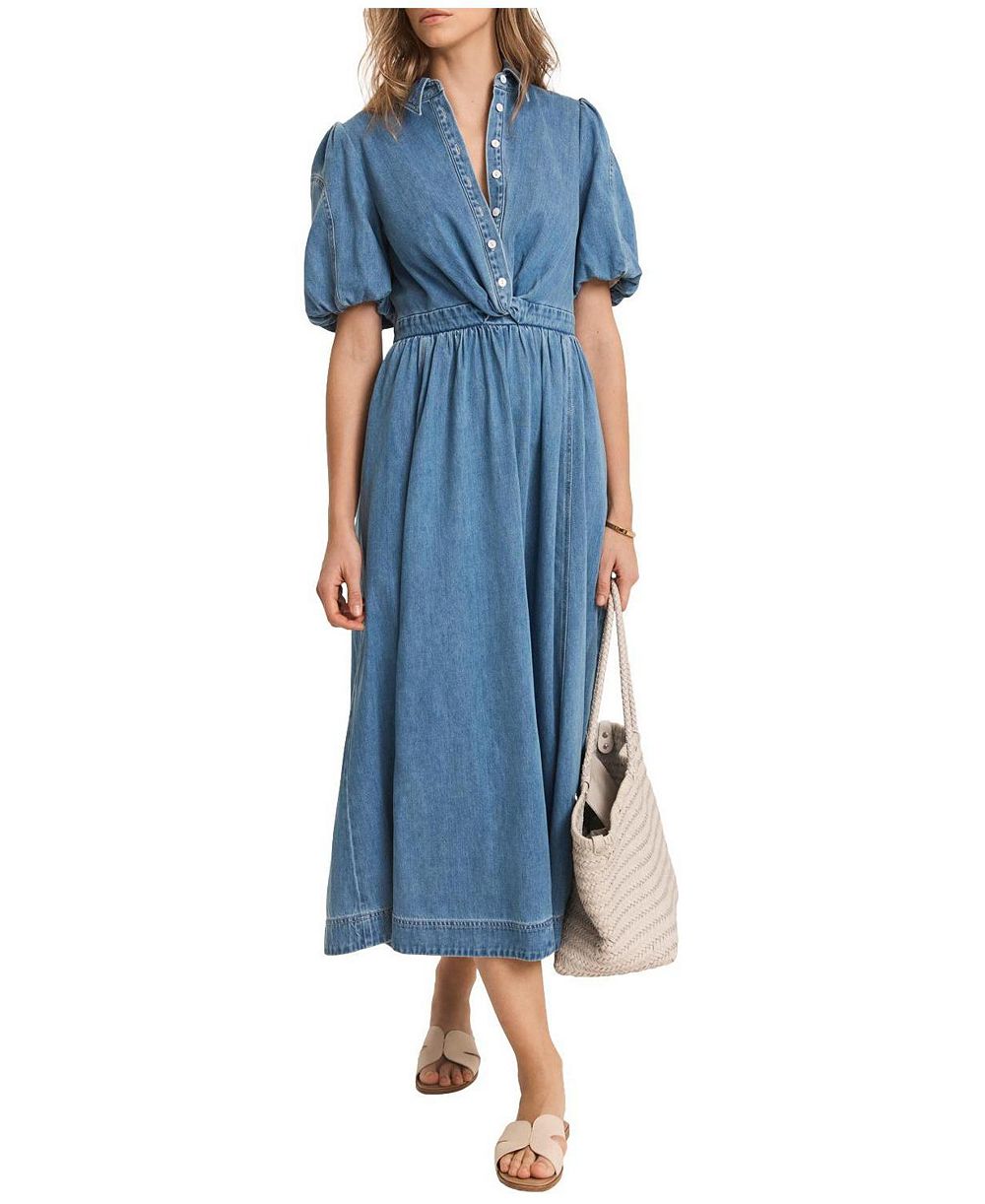 Mint Velvet Женский Twist Puff-Shoulder Cotton-Blend Denim Midi Dress
