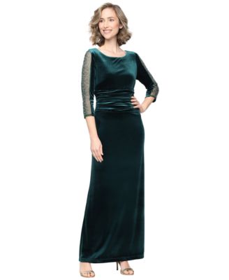 SL Fashions Women's Long Stretch Velvet Beaded Illusion Panel Sleeves Dress