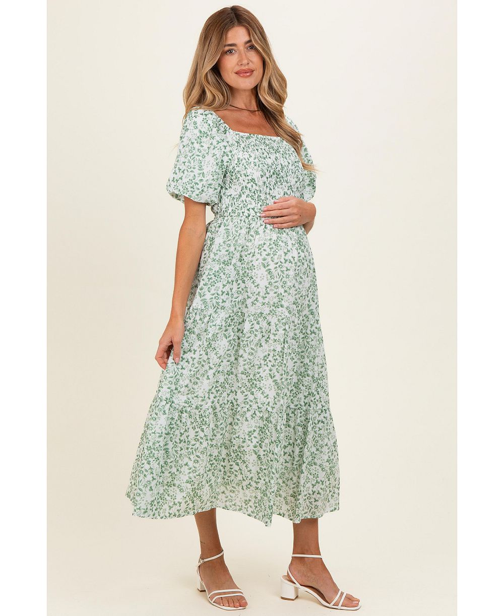 Женское миди-платье Pinkblush Green Floral Smocked Short Sleeve