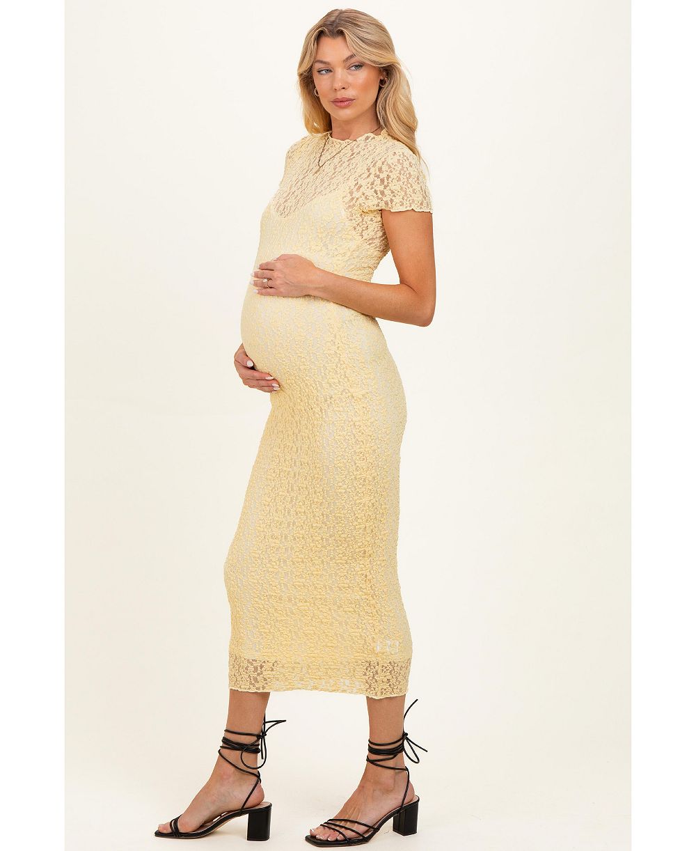 Женское миди-платье Pinkblush Yellow Sheer Lace Overlay Short Sleeve