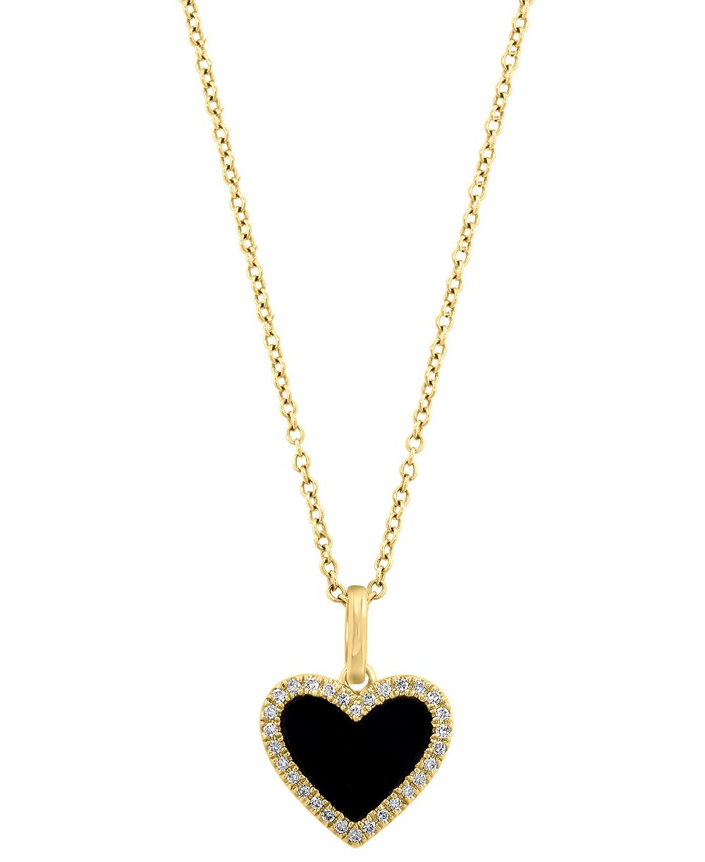 EFFY Collection Diamond (1/10 ct. t.w.) and Onyx Heart Pendant Necklace in 14k Yellow Gold