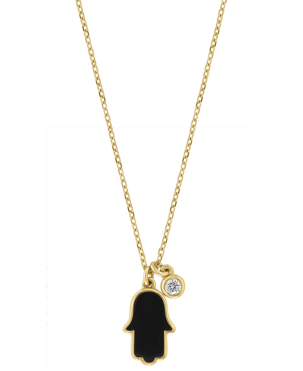EFFY Collection Diamond Accent and Onyx Hamsa Pendant (0.03 ct. t.w.) in 14k Yellow Gold