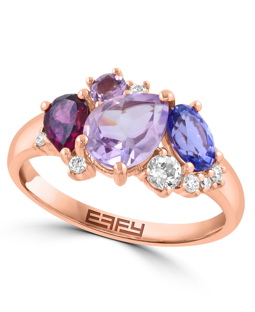 EFFY Collection кольцо с несколькими камнями, бриллиантами, родолитом и танзанитом (1/20 карата суммарно бриллиант, 2 карата суммарно драгоценные камни) из розового золота 14 карат