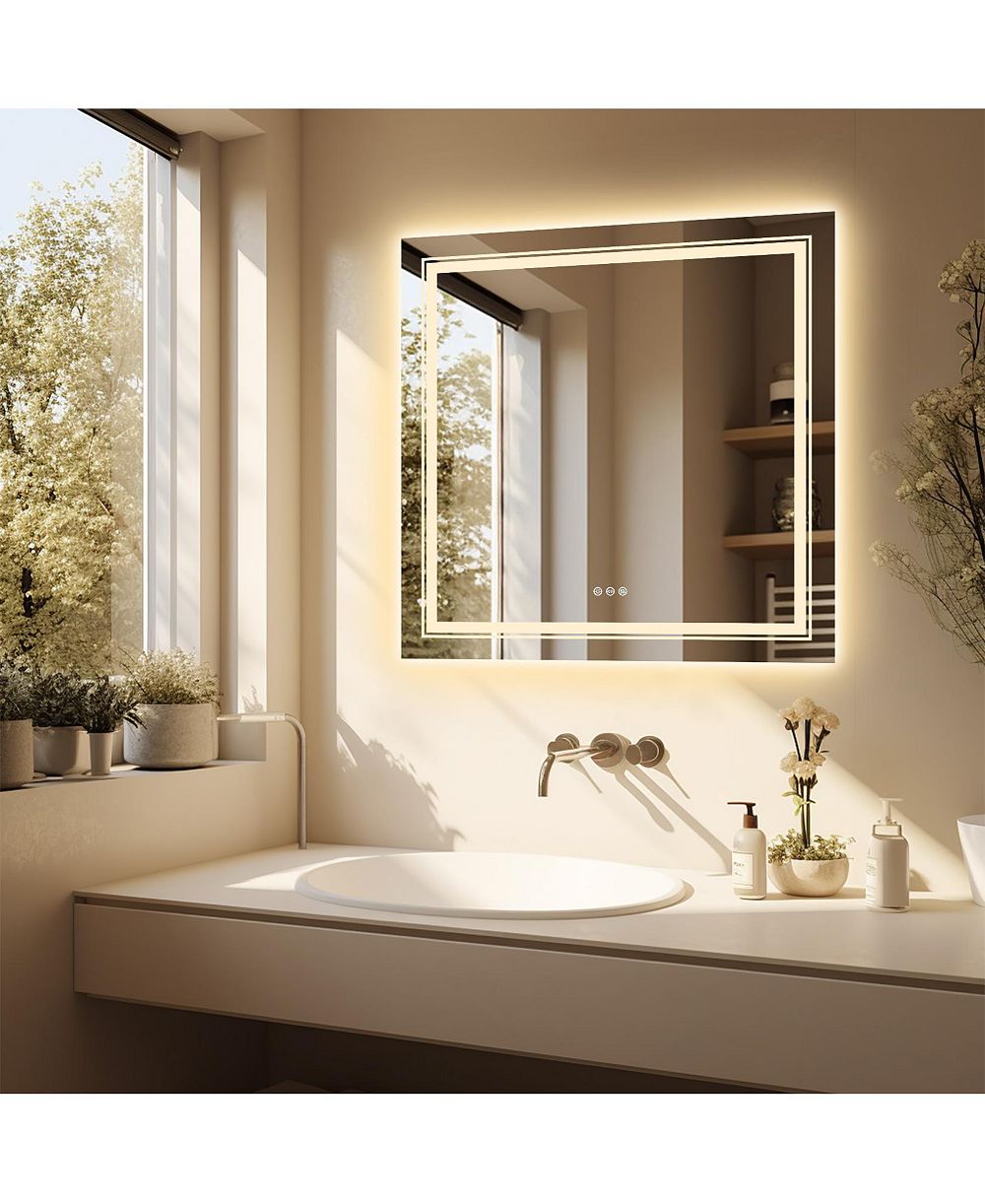 LUVODI 32"x32" Square LED Bathroom Mirror Illuminated Dimmable 3 Colors Backlit and Front Light Smart Touch