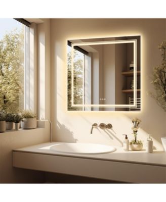 LUVODI 32"x32" Square LED Bathroom Mirror Illuminated Dimmable 3 Colors Backlit and Front Light Smart Touch