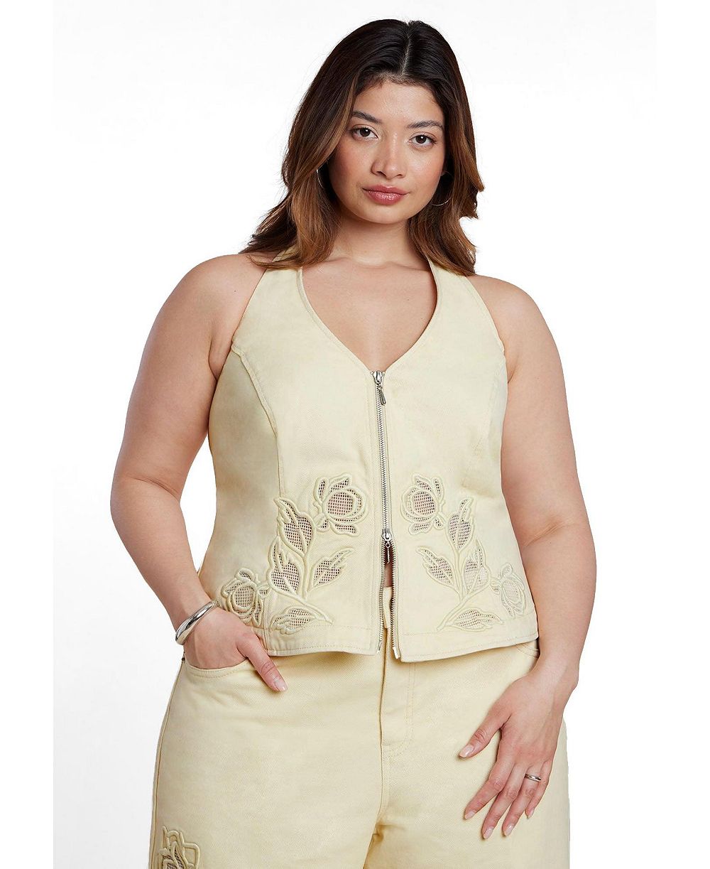 ELOQUII Plus Size Halter Floral-Embroidery Denim Vest