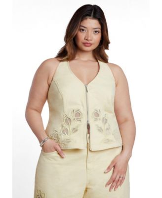 ELOQUII Plus Size Halter Floral-Embroidery Denim Vest