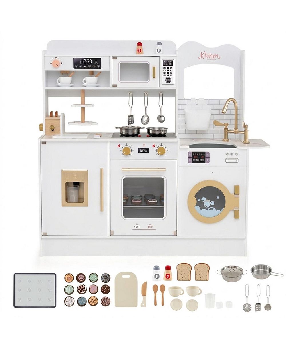 SUGIFT Lights and Sounds 25-Piece Wooden Play Kitchen, Ages 3+