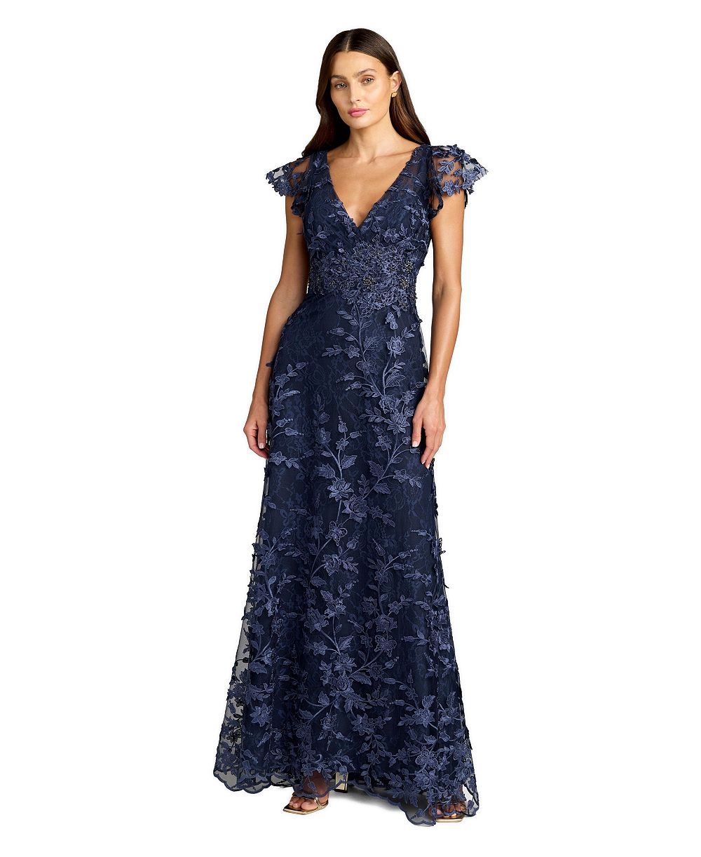 Женское платье Mac Duggal Petite с вышитыми аппликациями, V-образным вырезом и рукавами-бабочками