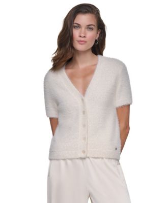 DKNY Jeans Petite Short-Sleeve Brushed-Knit Fitted Cardigan