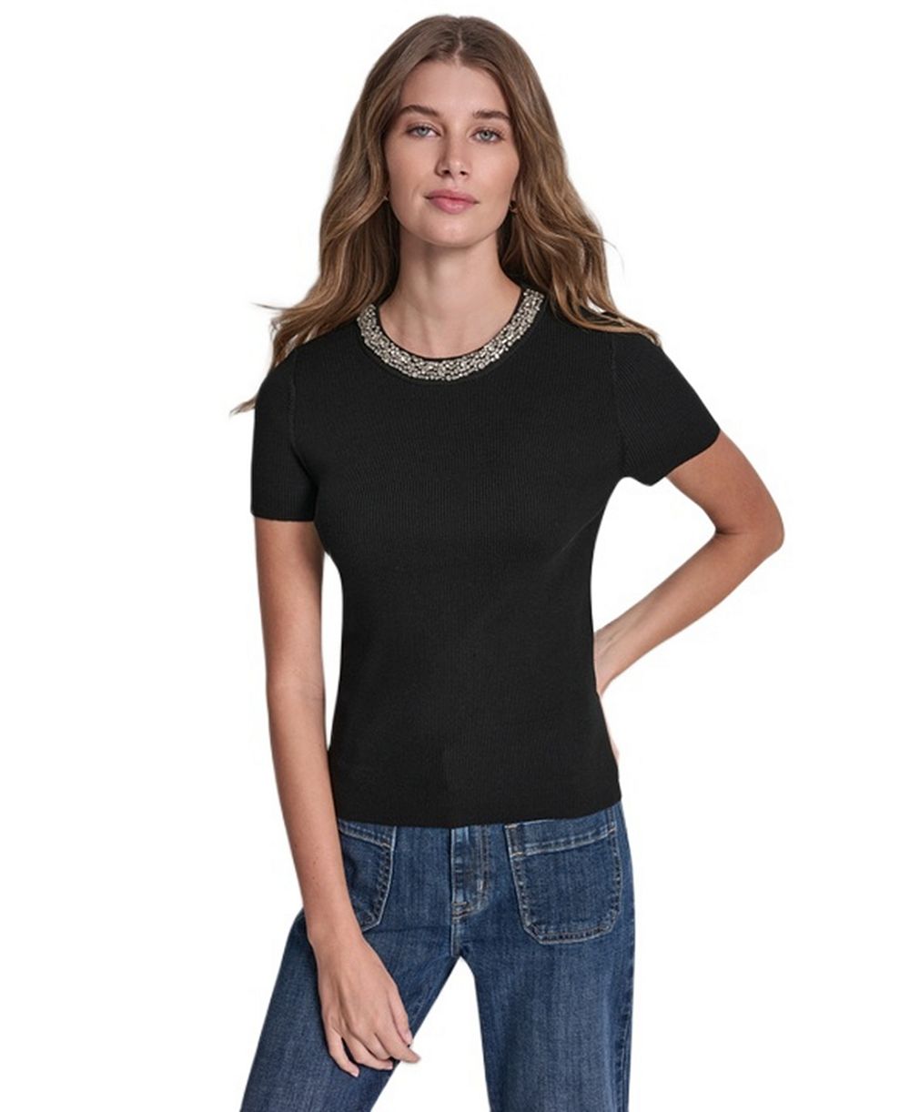 DKNY Jeans Petite Embellished Ribbed-Knit Short-Sleeve Crewneck Sweater