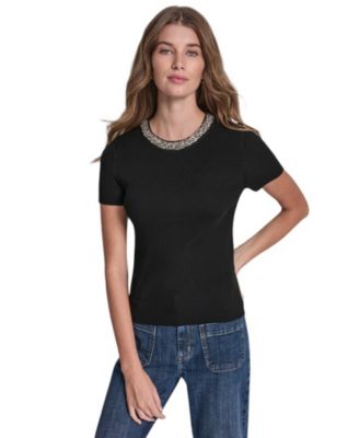 DKNY Jeans Петит укороченный свитер с рифленым трикотажем, коротким рукавом и круглым вырезом