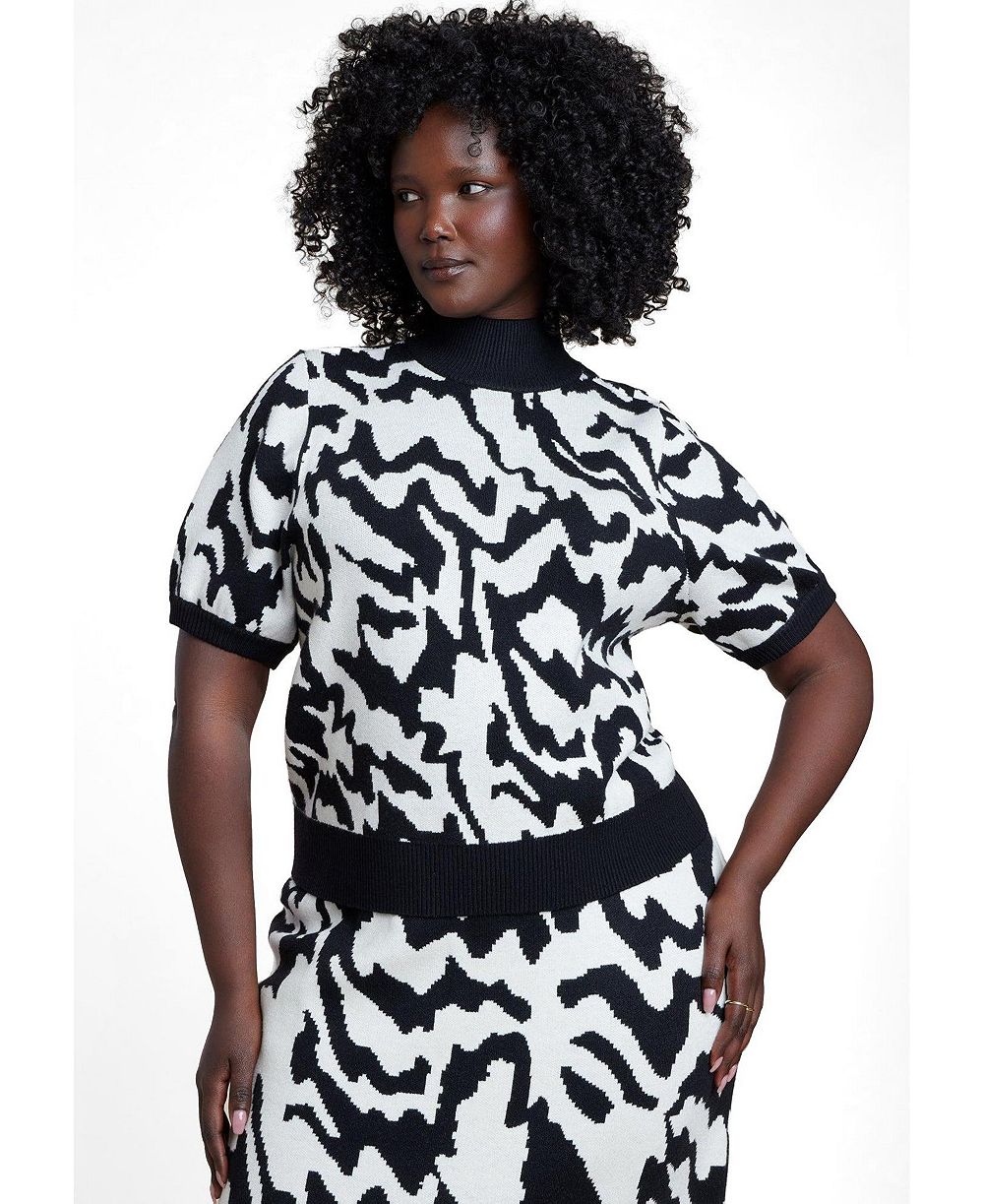 ELOQUII Plus Size Cropped Mock Neck Intarsia Knit Sweater
