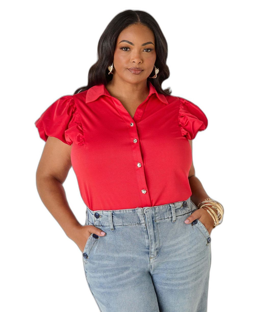 Ashley Stewart Plus Size Puff Sleeved Paneled Shirt