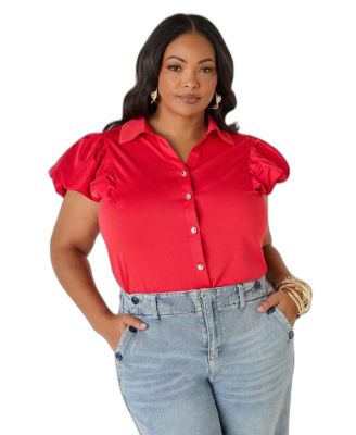 Ashley Stewart Plus Size Puff Sleeved Paneled Shirt