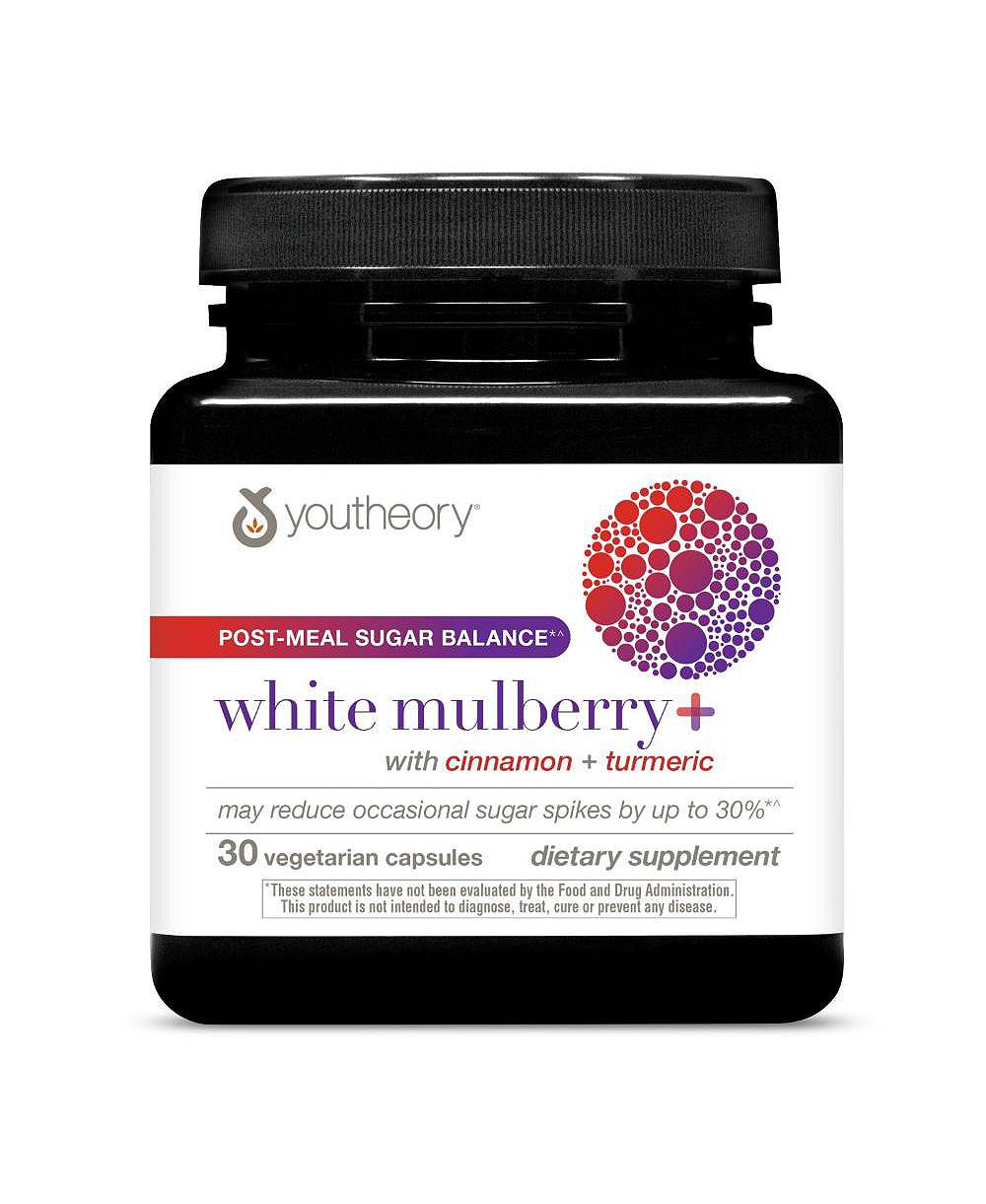 Добавка Youtheory Mulberry Plus для баланса сахара после еды, поддерживает здоровый уровень сахара в крови и реакцию инсулина, на 30 дней