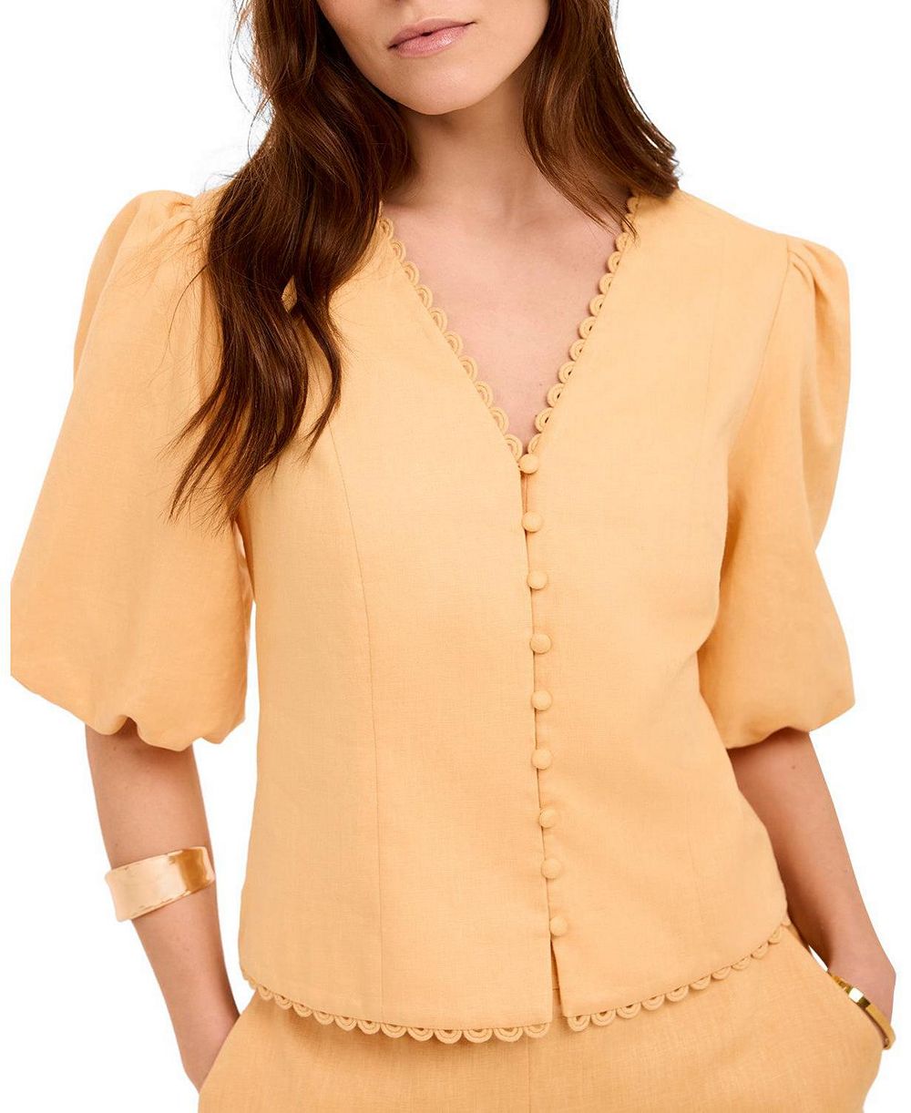 Mint Velvet Women's V-Neck Short Puff-Sleeve Scalloped Edge Blouse