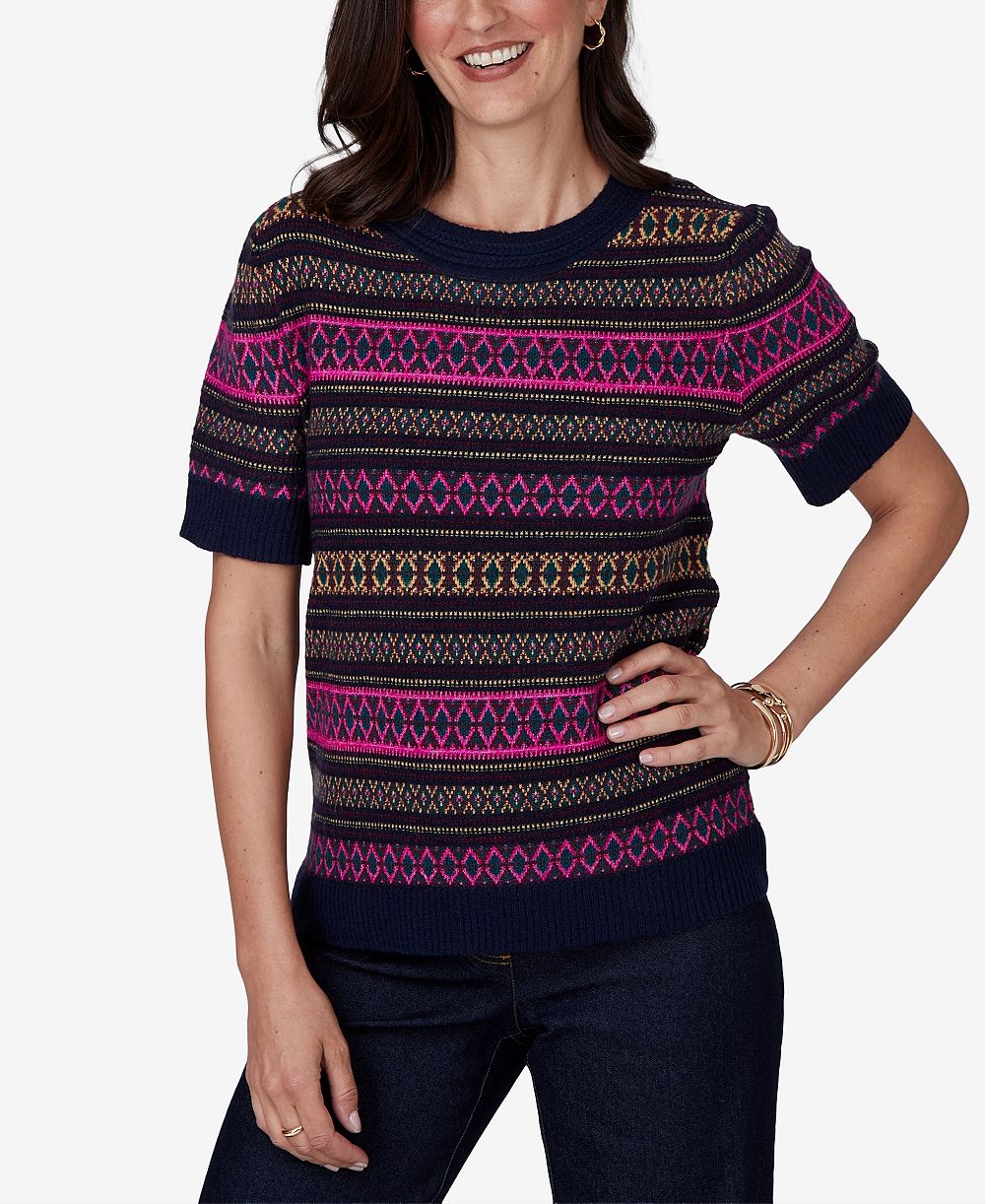 Ruby Rd. Petite Fair Isle Short-Sleeve Scoop Neck Sweater