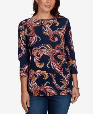 Ruby Rd. Petite Paisley-Print Boat Neck 3/4-Sleeve Top