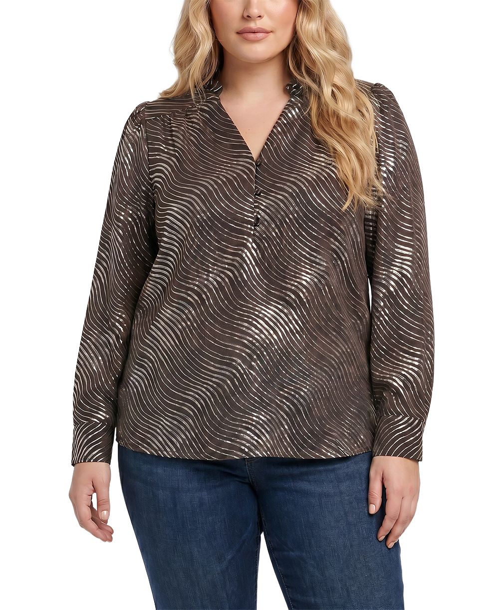 NY Collection Plus Size Metallic-Print V-Neck Long-Sleeve Blouse