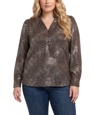 NY Collection Plus Size Metallic-Print V-Neck Long-Sleeve Blouse